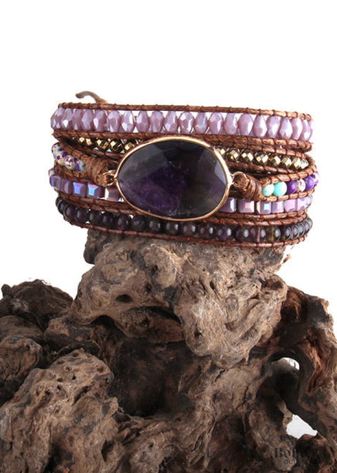 Boho Bracelet, RH 5 Layers Leather Wrap Bracelet, Natural Stones, Crystal Silver
